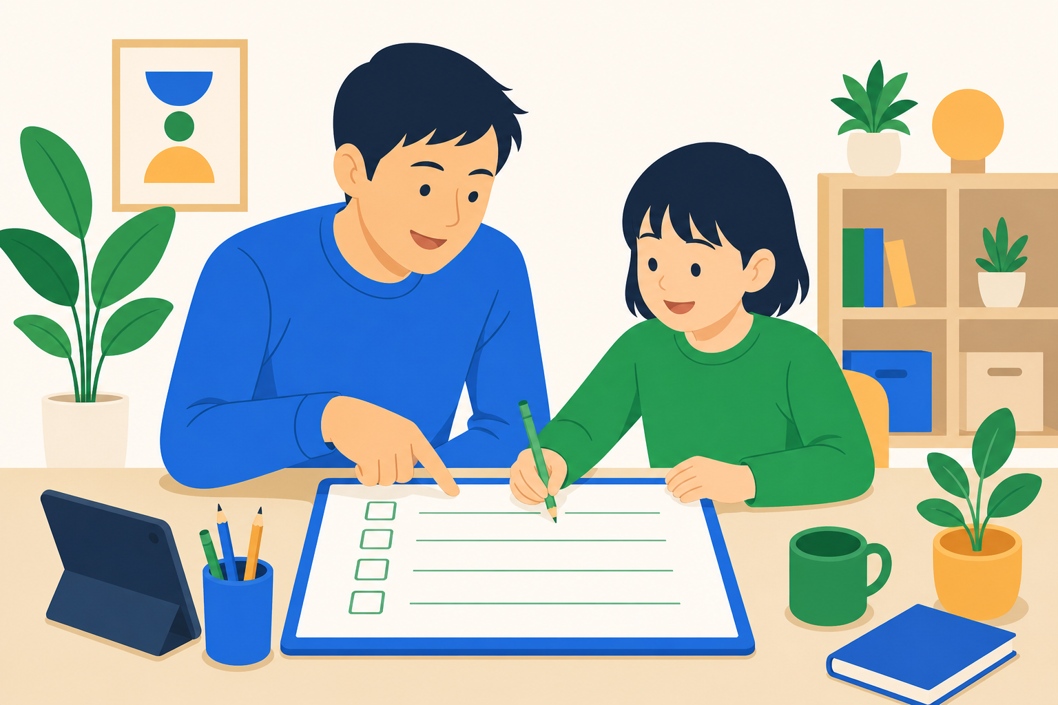 親子でデジタルルールを話し合って決めるイメージ