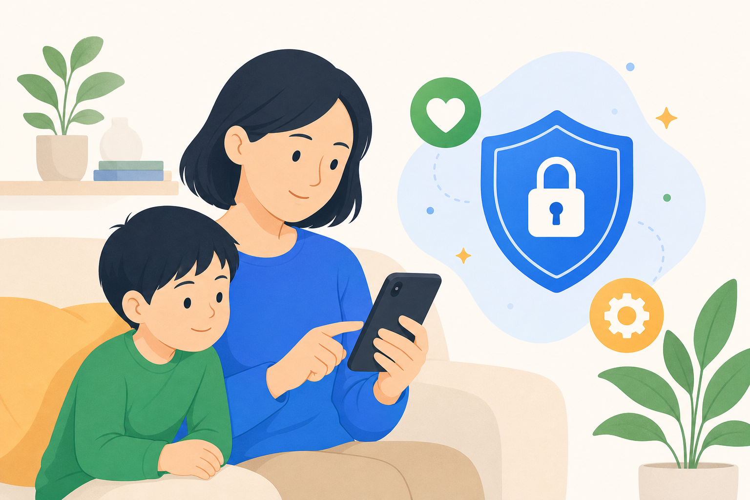 保護者がスマートフォンでペアレンタルコントロールを設定するイメージ