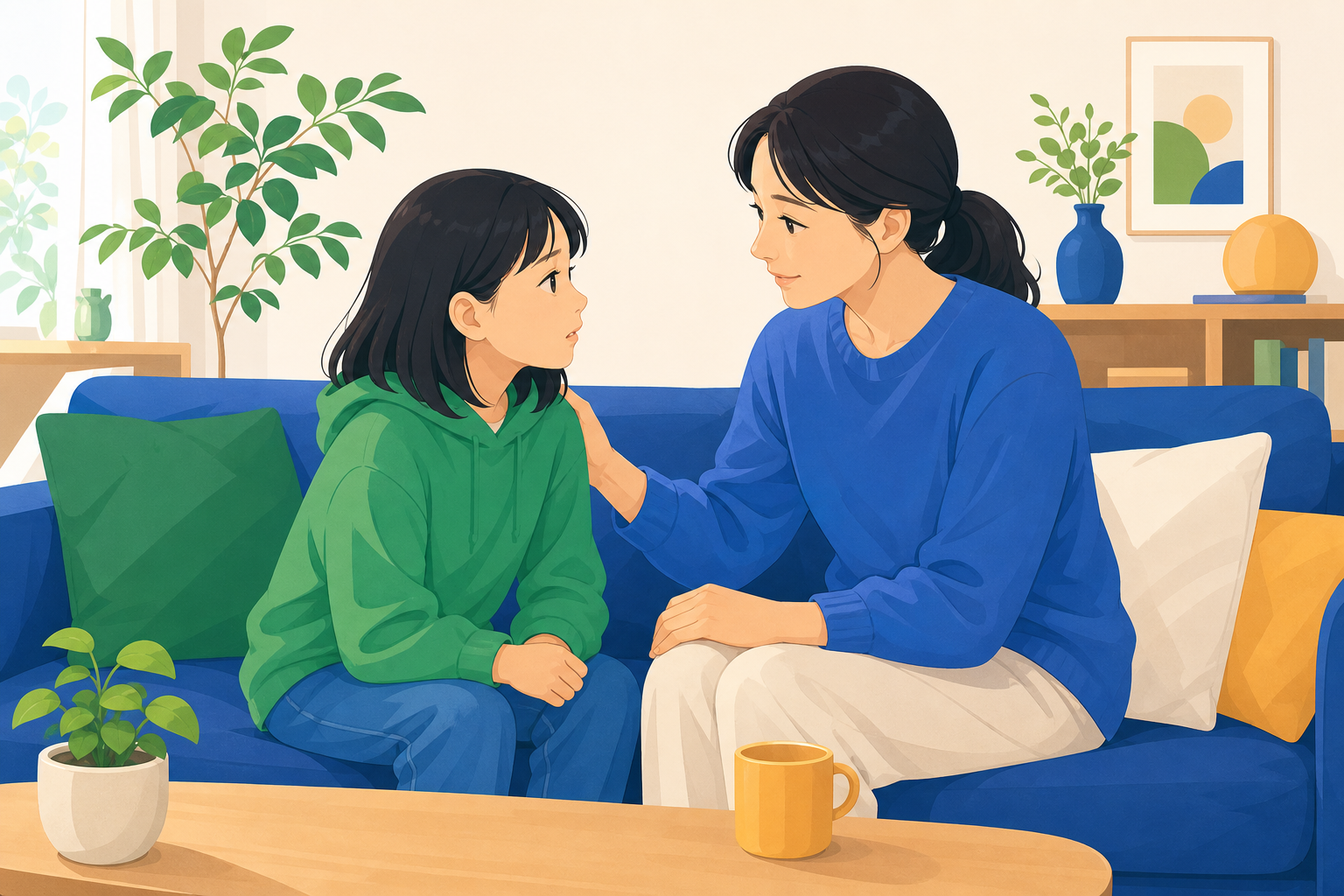 保護者と子どもが向き合って話している様子のイメージ